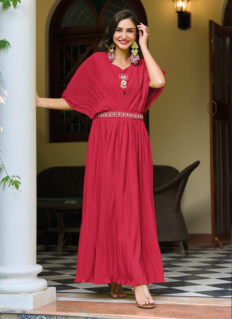 Batwing Sleeves Red Crush Kurti With Belt Discount Wholesale