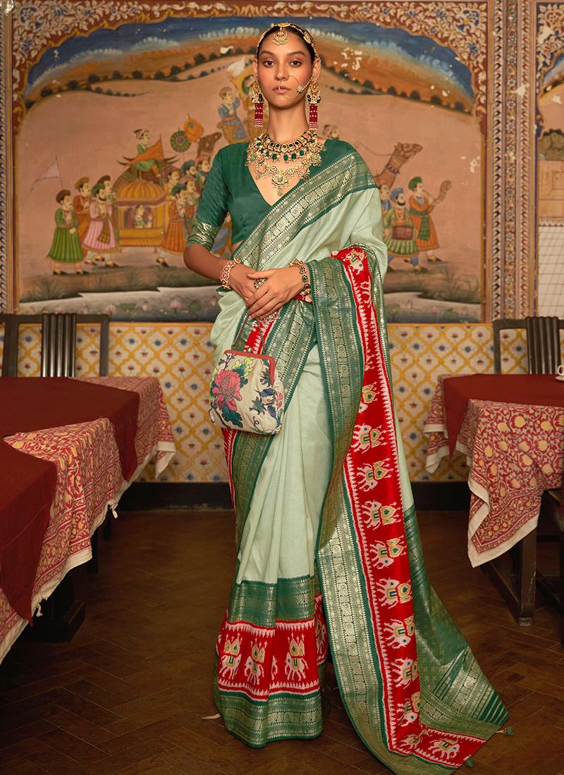 Smooth Silk Fabric Pista Green Patola Saree Clearance Fast Delivery