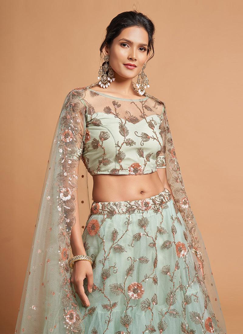 Sky Blue Color Net Base Sequined And Zari Work Lehenga Choli With Illusion Neck Blouse Cheap For Cheap