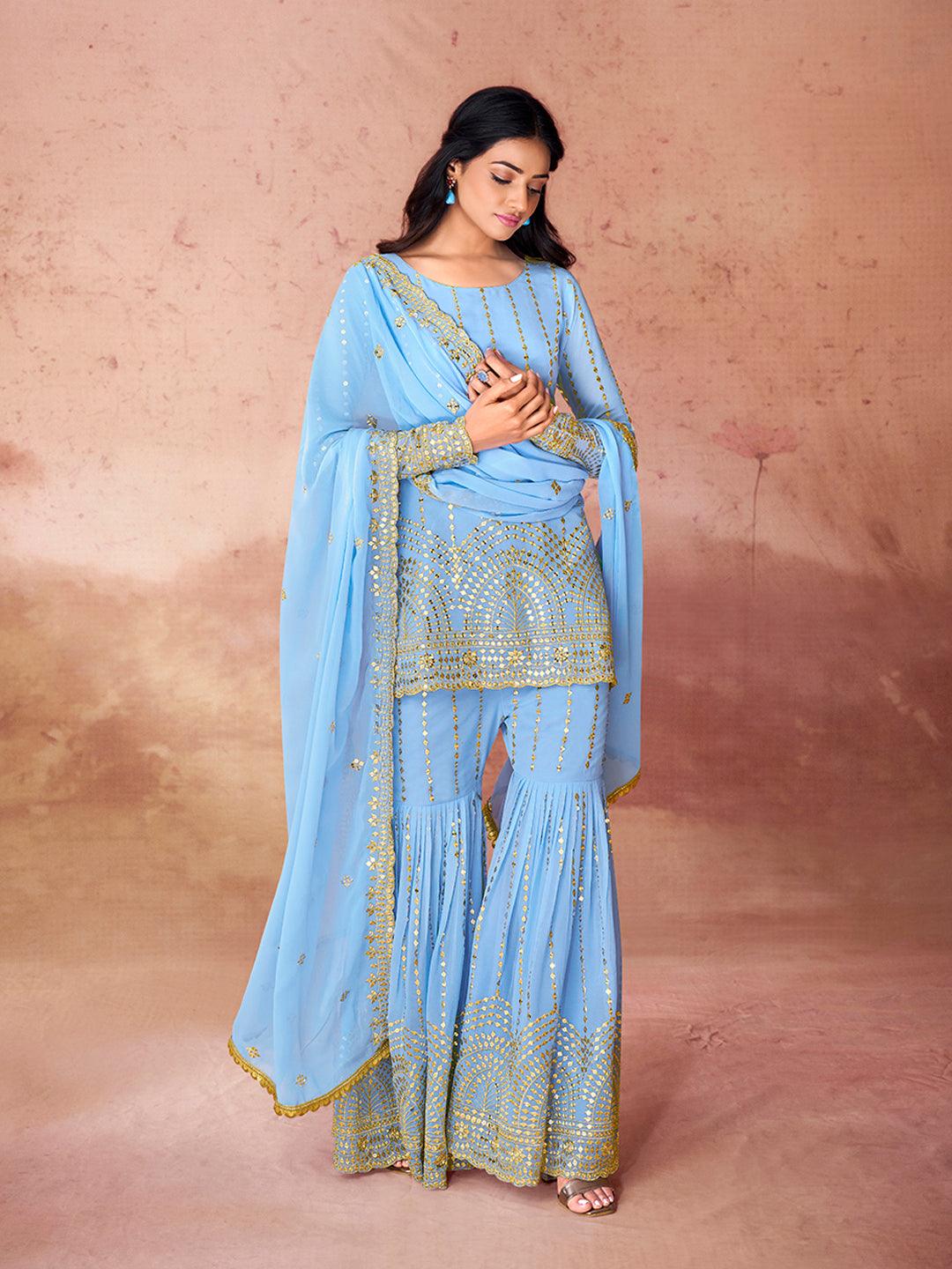 Sky Blue Embroidered Full Sleeve Sharara Suit With Credit Card