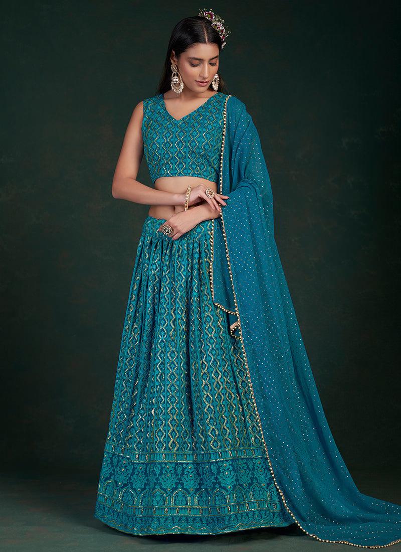 Sleeveless Rama Blue Embroidered Lehenga Low Pice Fee Shipping Online