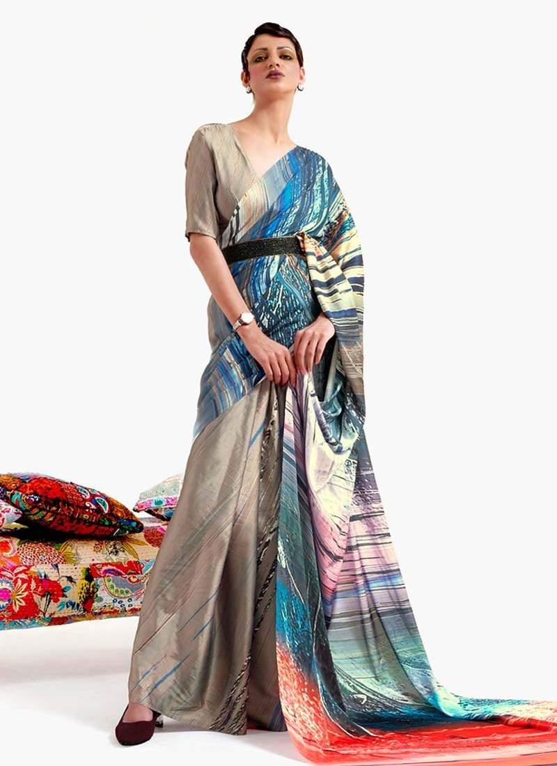 Crepe Fabric V-neck Blouse Fascinating Look Multi Color Printed Plain Saree Cheap Sale Now