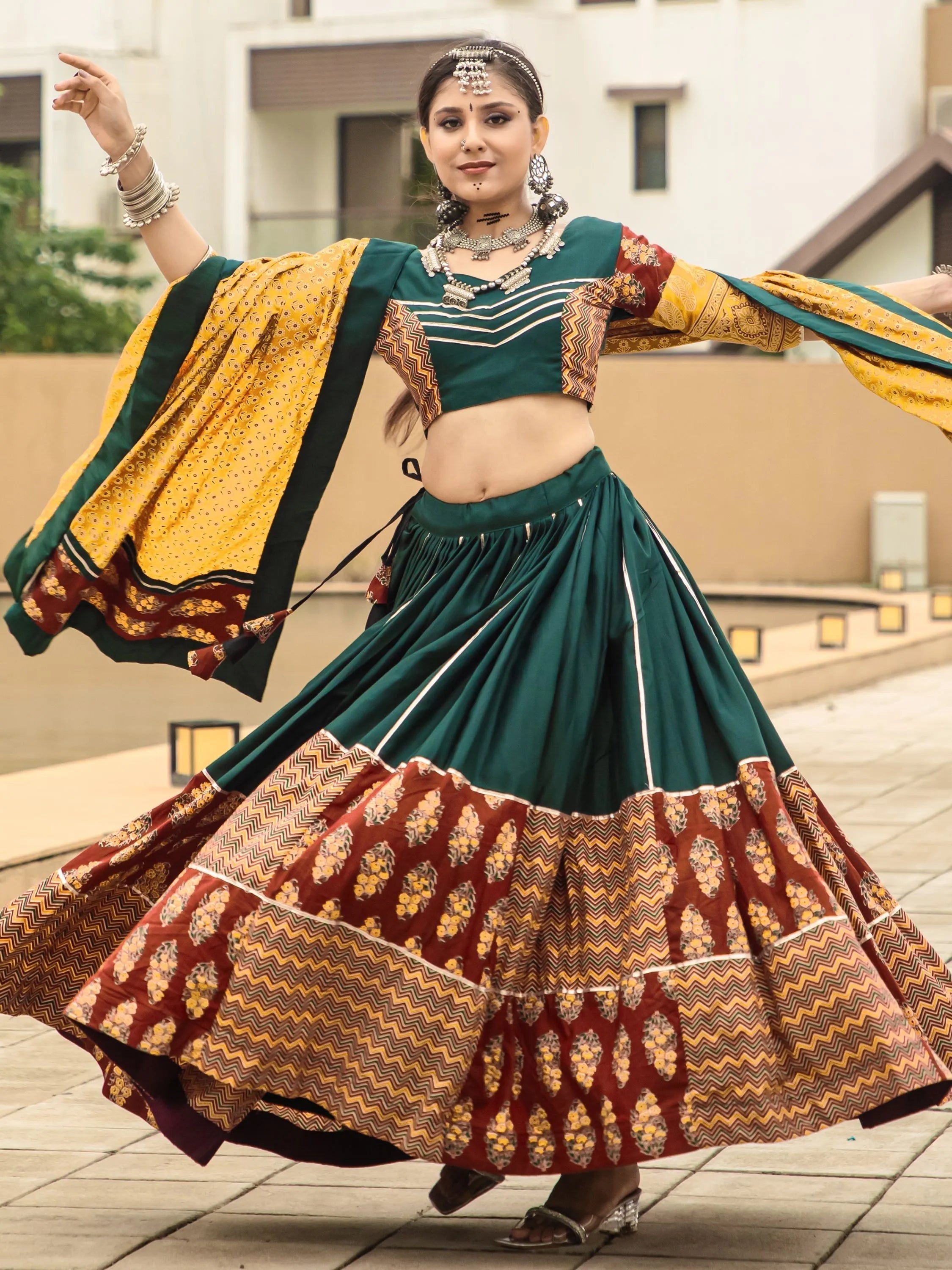 Dark Green Cotton Flared Rajwadi Navratri  Lehenga Choli Discount Ebay