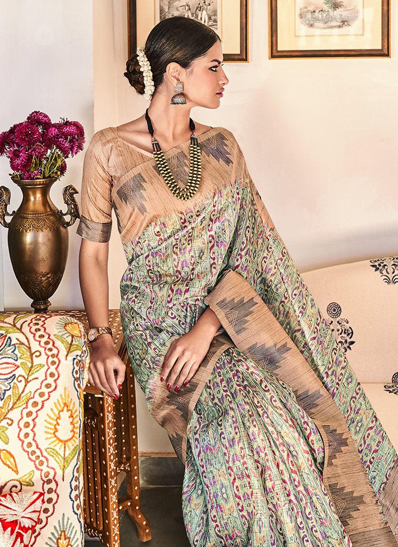 Silk With Digital Print Light Green Casual Saree Wholesale Pice For Sale