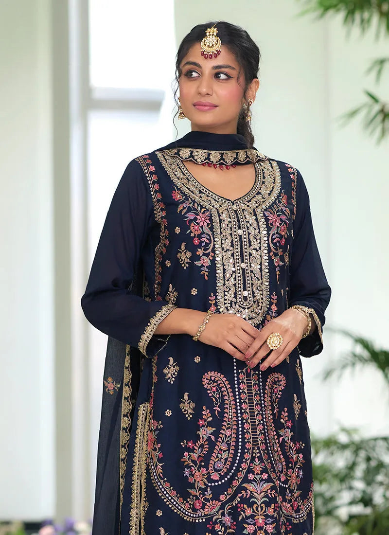 Classic Navy Blue Embroidered Traditional Palazzo Suit Manchester