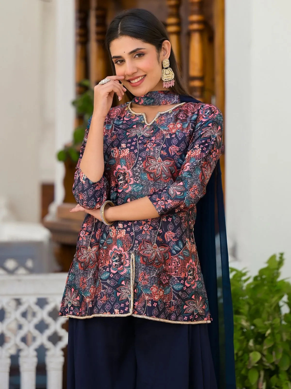 Navy Blue FLoral Printed Handworked Designer Top Palazzo Suit Looking For For Sale