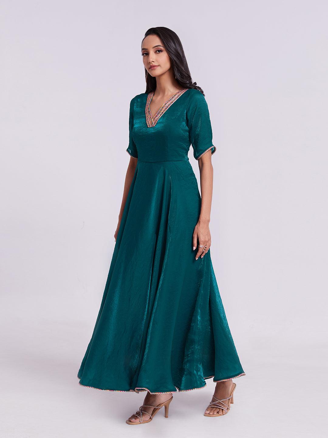 Teal organza Ready-to-wear A-line V-neck Gown Cheap Sale Release Dates