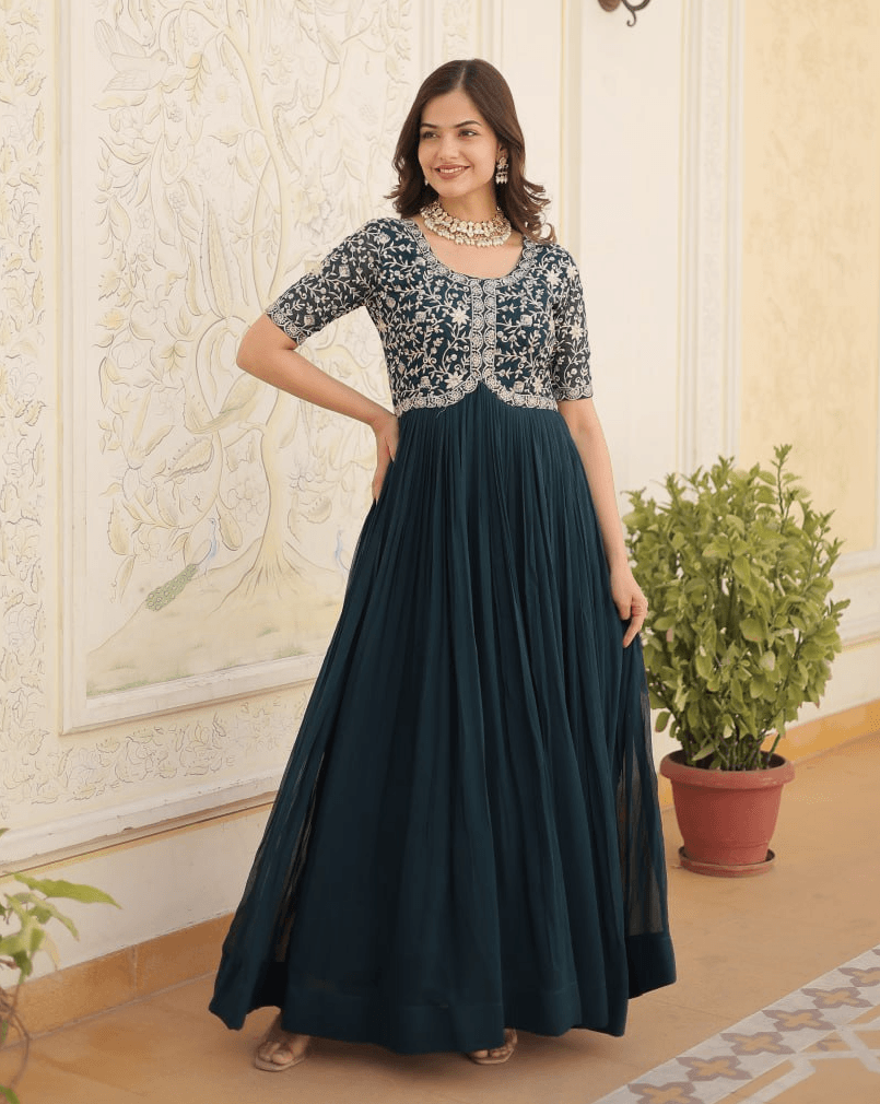 Rama georgette readymade Embroidered A-line gown Tumblr Sale Online