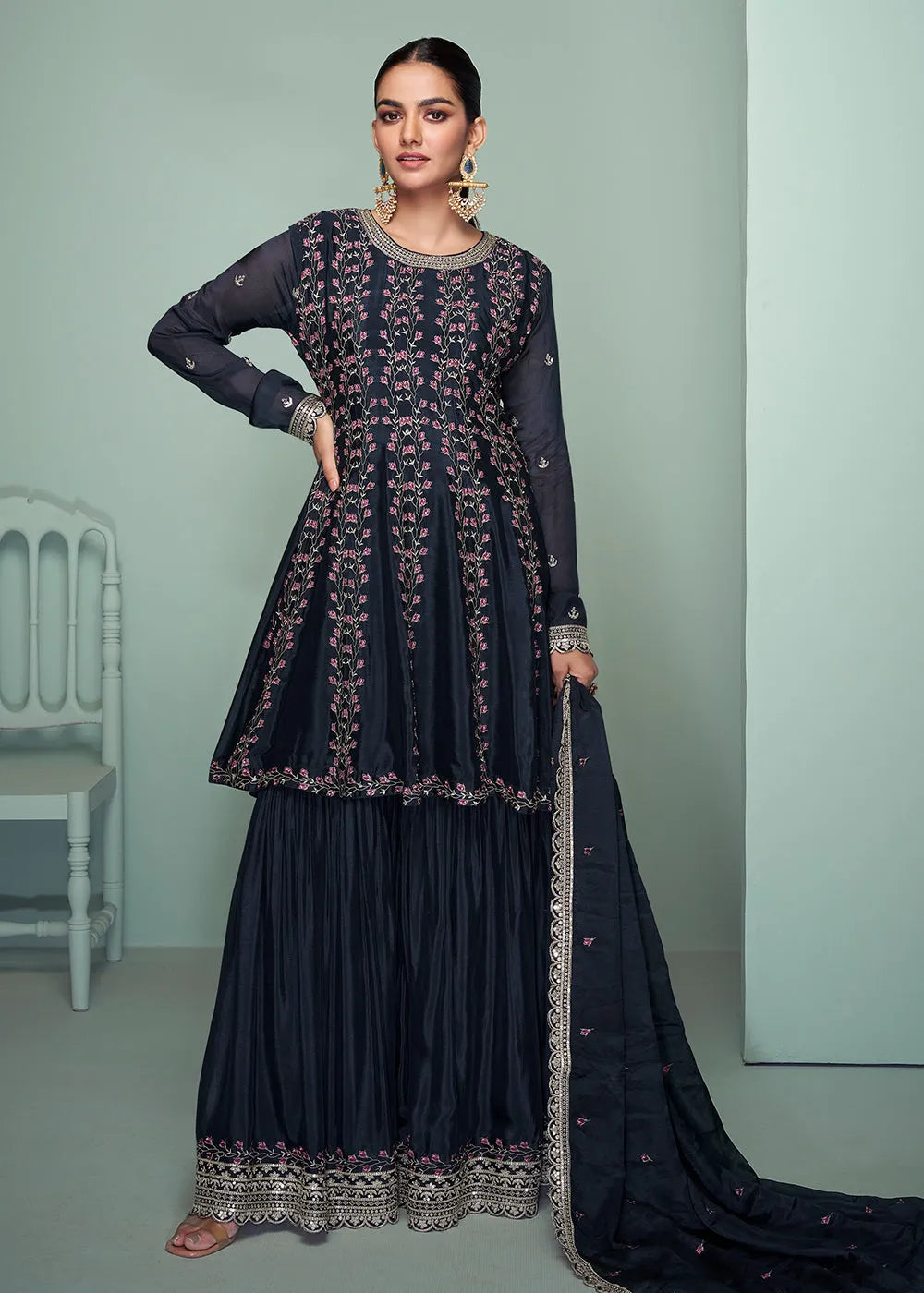 Enchanting Navy Blue Chinon Embroidered Palazzo Suit Fashionable For Sale