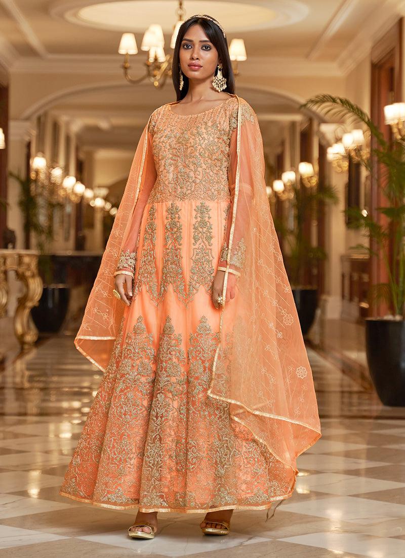 Peach Color Soft Net Material Designer Gown With Dori Work Wiki Cheap Online