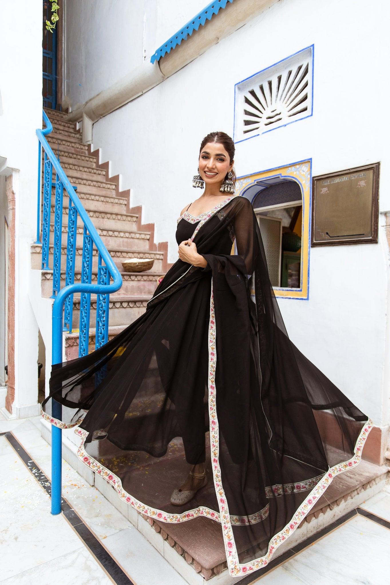 Black Georgette Solid readymade gown with dupatta Discount Wholesale