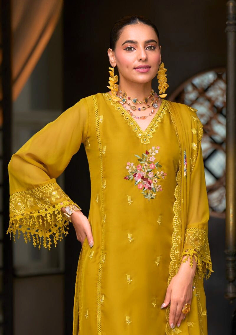 Stunning  Mustard Organza Embroidered Salwar Suit Free Shipping 100% Original