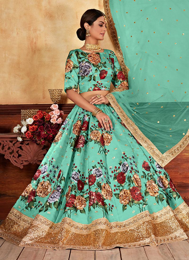 Heavy Sequins Digital Printed Green Floral Lehenga Discount For Nice