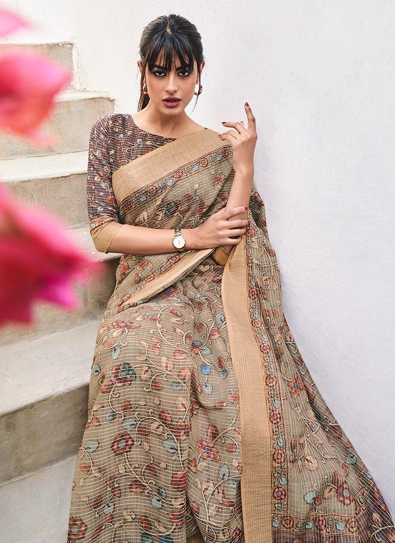 Linen Fabric Cream Printed Floral Saree On Hot Sale