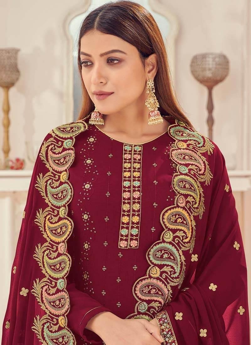 Stone And Resham Work Georgette Base Maroon Color Palazzo Salwar Suit Cheap Pice Buy Discount