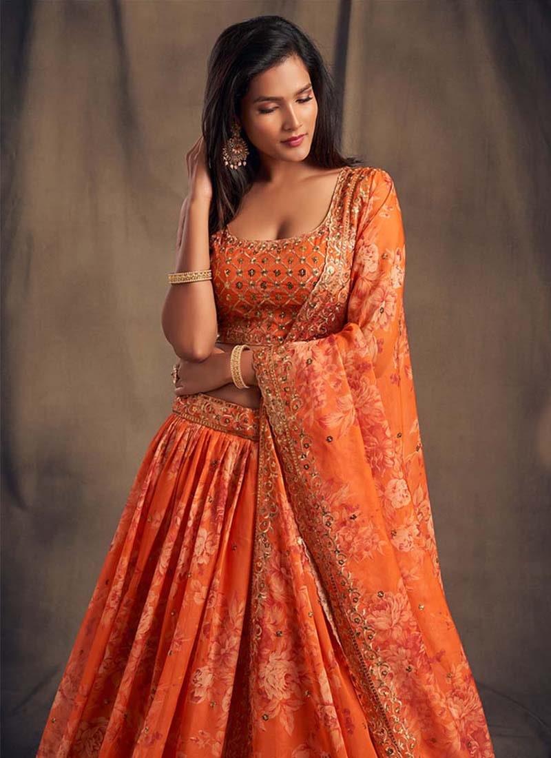 Heavenly Look Orange Color Sequins Work Organza Base Printed Lehenga Choice Online