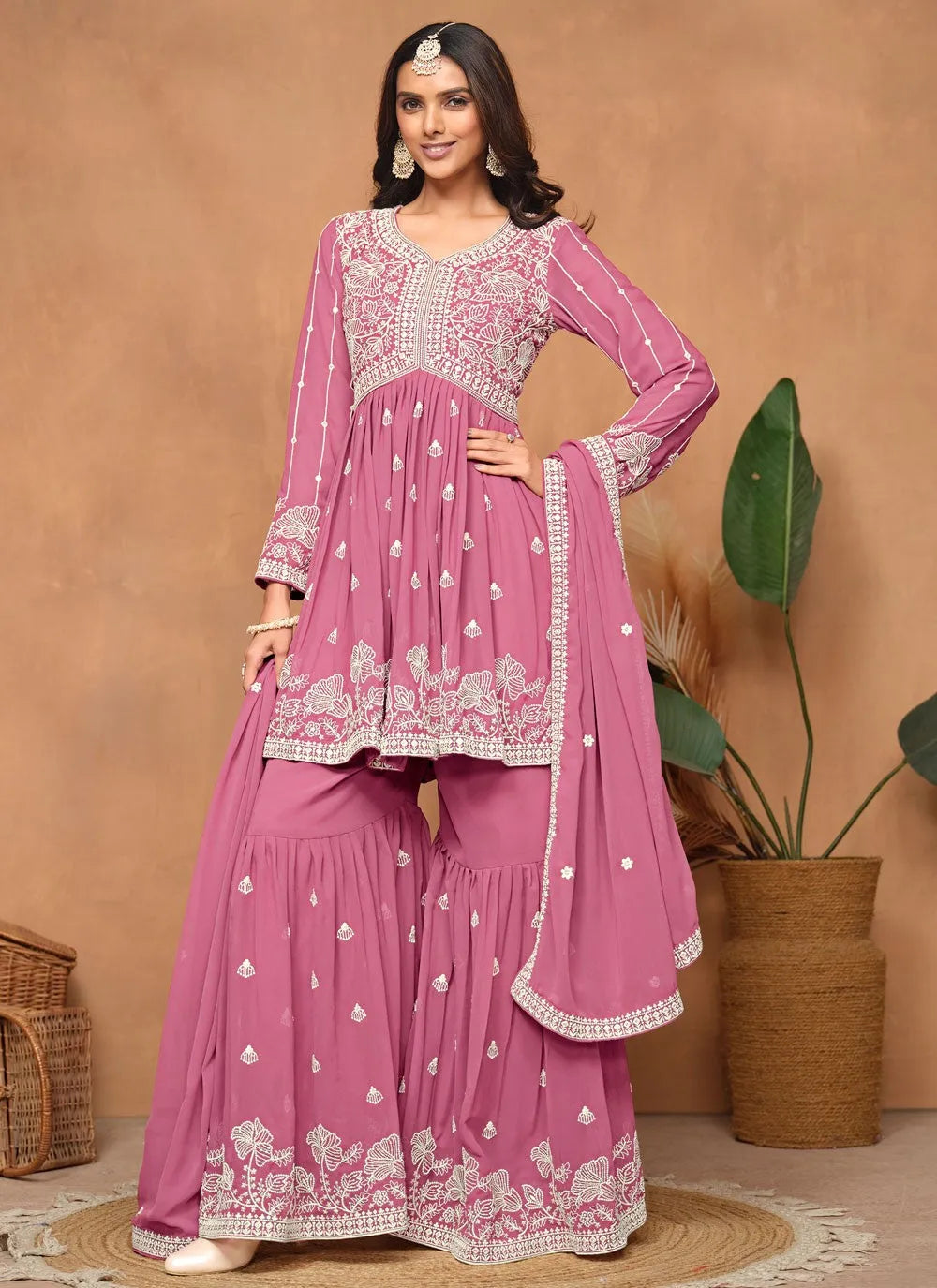 Pink Faux Georgette Sequins Embroidered Designer Top Sharara Suit Clearance Best