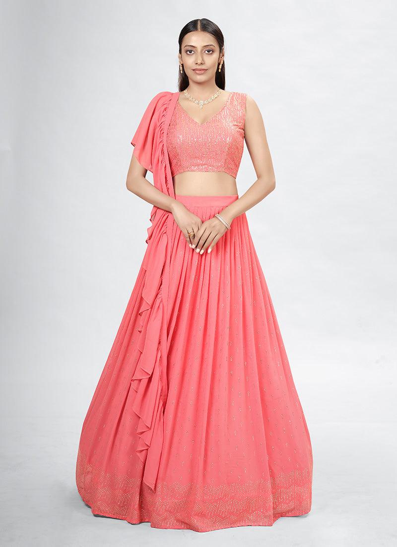 Deep V-Neck Sleeveless Coral Lehenga Choli Finishline Sale Online