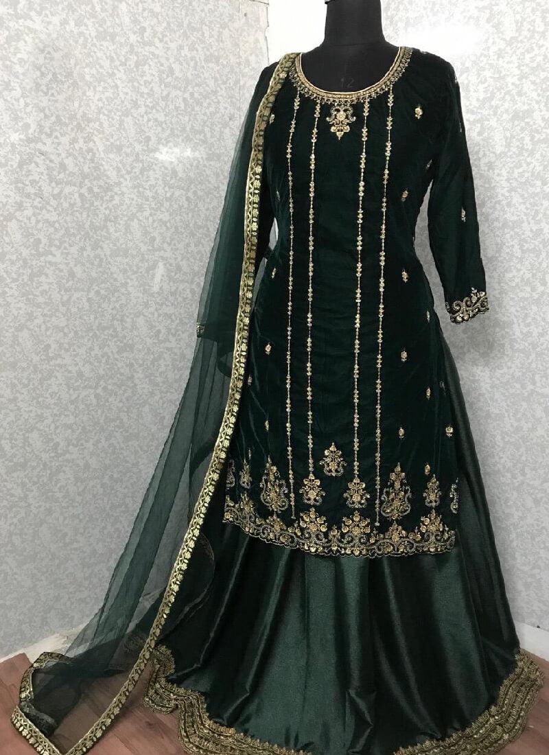 Beautiful Bottle Green Color Velvet Base Embroidered Lehenga Suit Sale 2025 Unisex