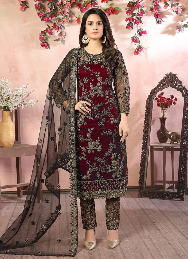 Net Base Embroidered Maroon Pant Style Suit Buy Authentic Online