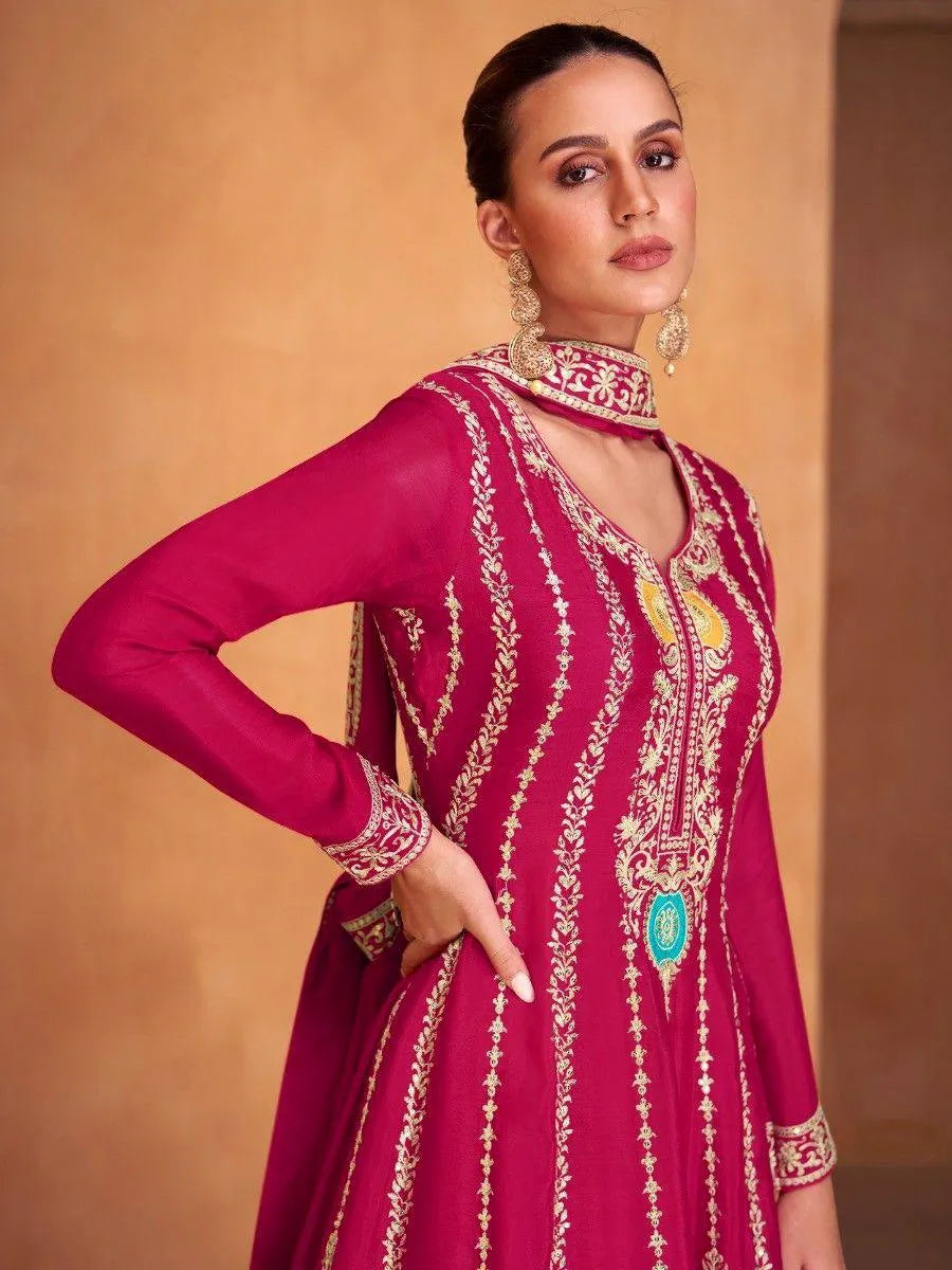 Fabulous Dark pink Chinon Embroidered Palazzo Suit Cheap Best Place