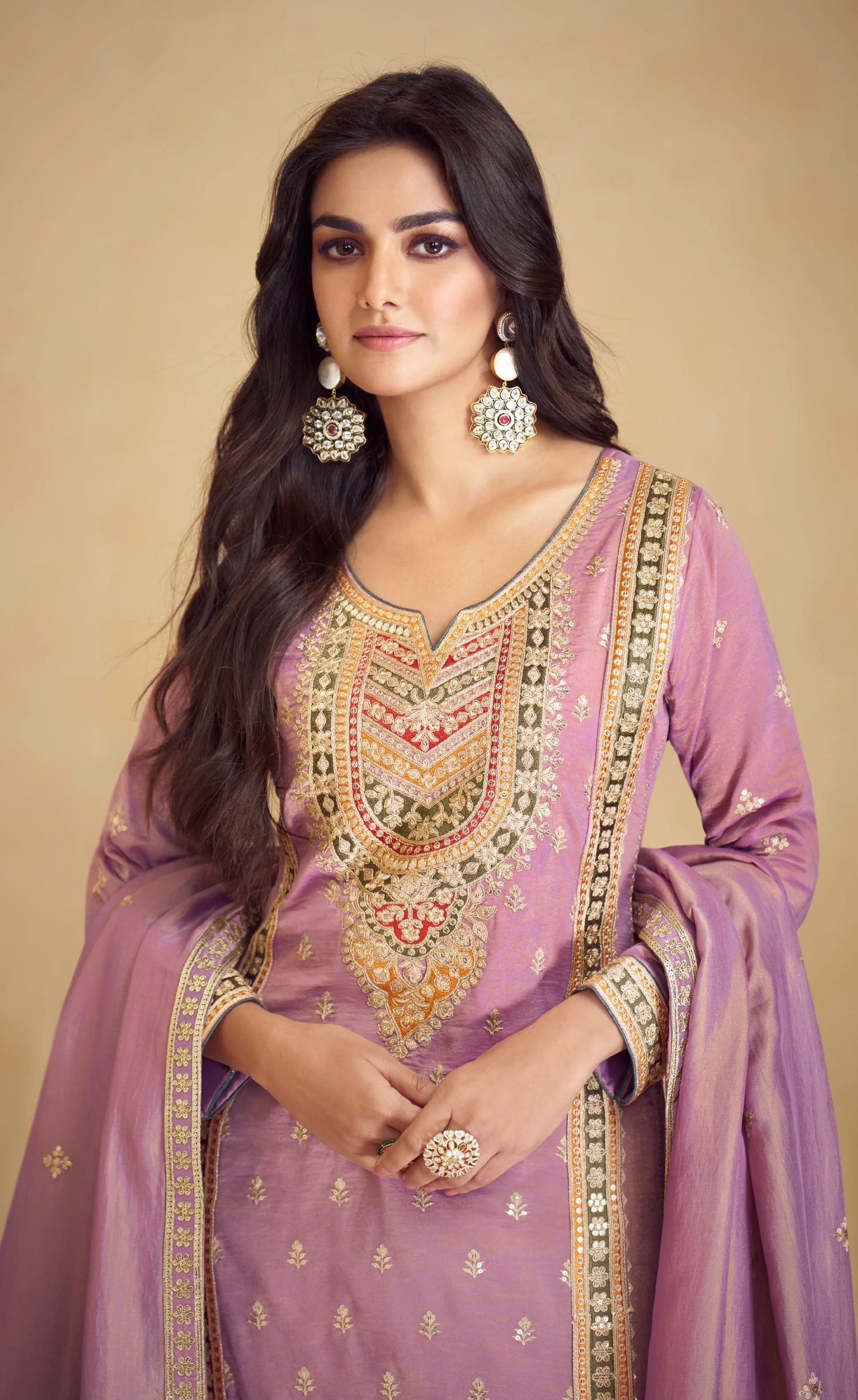 Lavender Simar Silk Palazzo Suit with Embroidered Dupatta Free Shipping