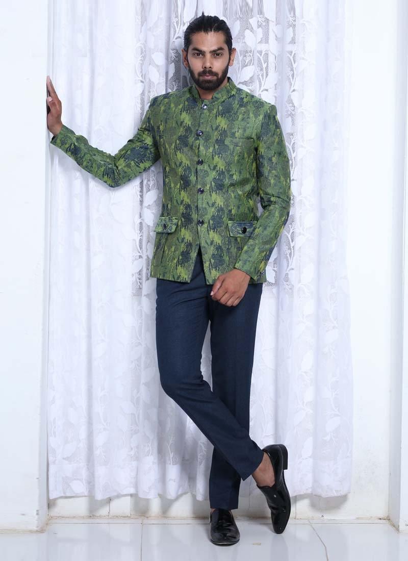 Marvelous Green Color Cotton Fabric Regular Fit Printed Jodhpuri Suit Top Quality Online