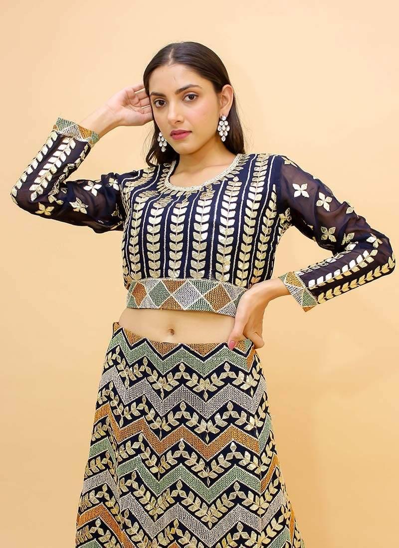 Navy Blue Color Resham And Dori Work Crop Top Lehenga Cheap New Styles