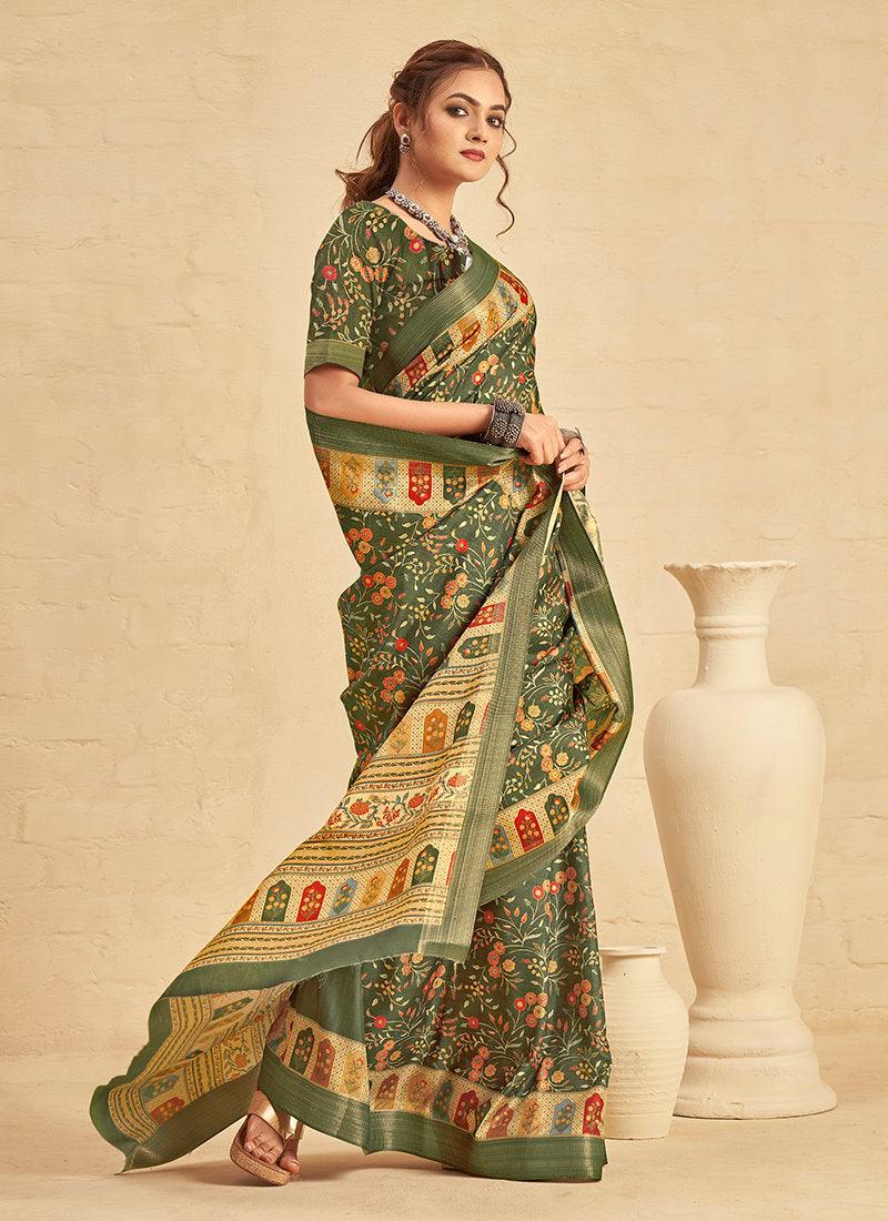 Silk With Digital Print Green Saree Classic Cheap Pice