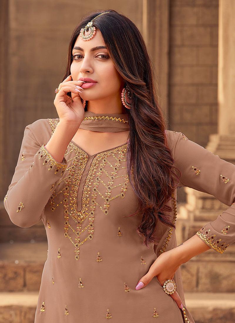 Brown Color Georgette Base Sharara Salwar Suit With Zari Work Cheap Sale Low Pice Fee Shipping