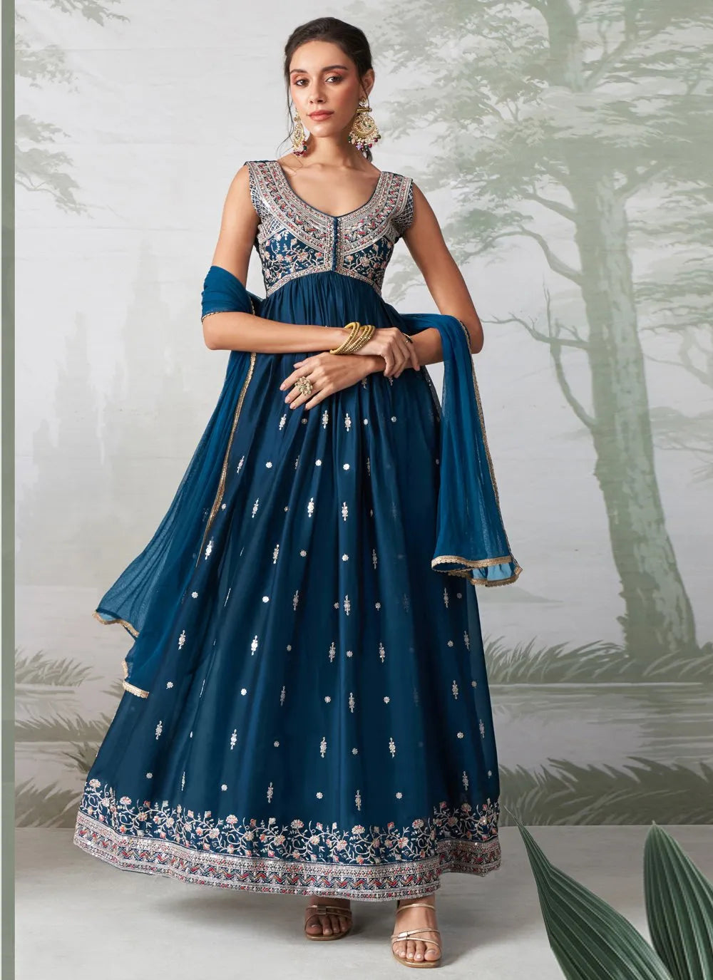 Elegant Teal Blue Embroidered Designer Anarkali Suit Big Discount Cheap Pice