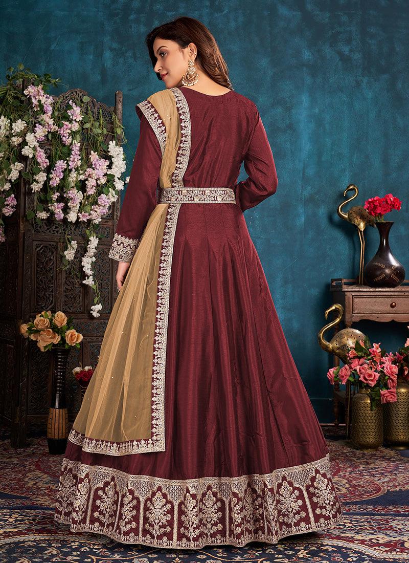 Maroon Color Art Silk Base Dori Work Gown With Net Dupatta Low Cost Online