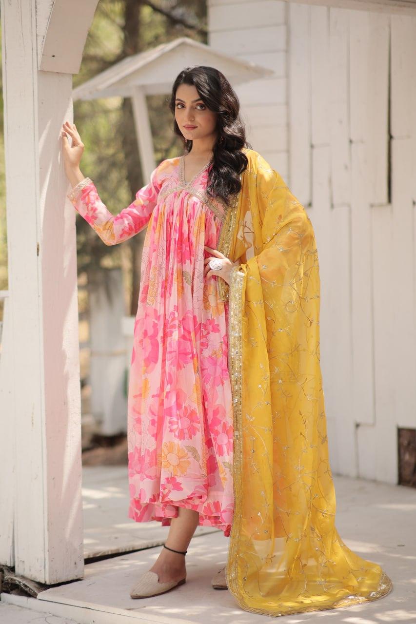 Amazing Russian Silk Floral Digital Printed Gown With Dupatta View For Sale