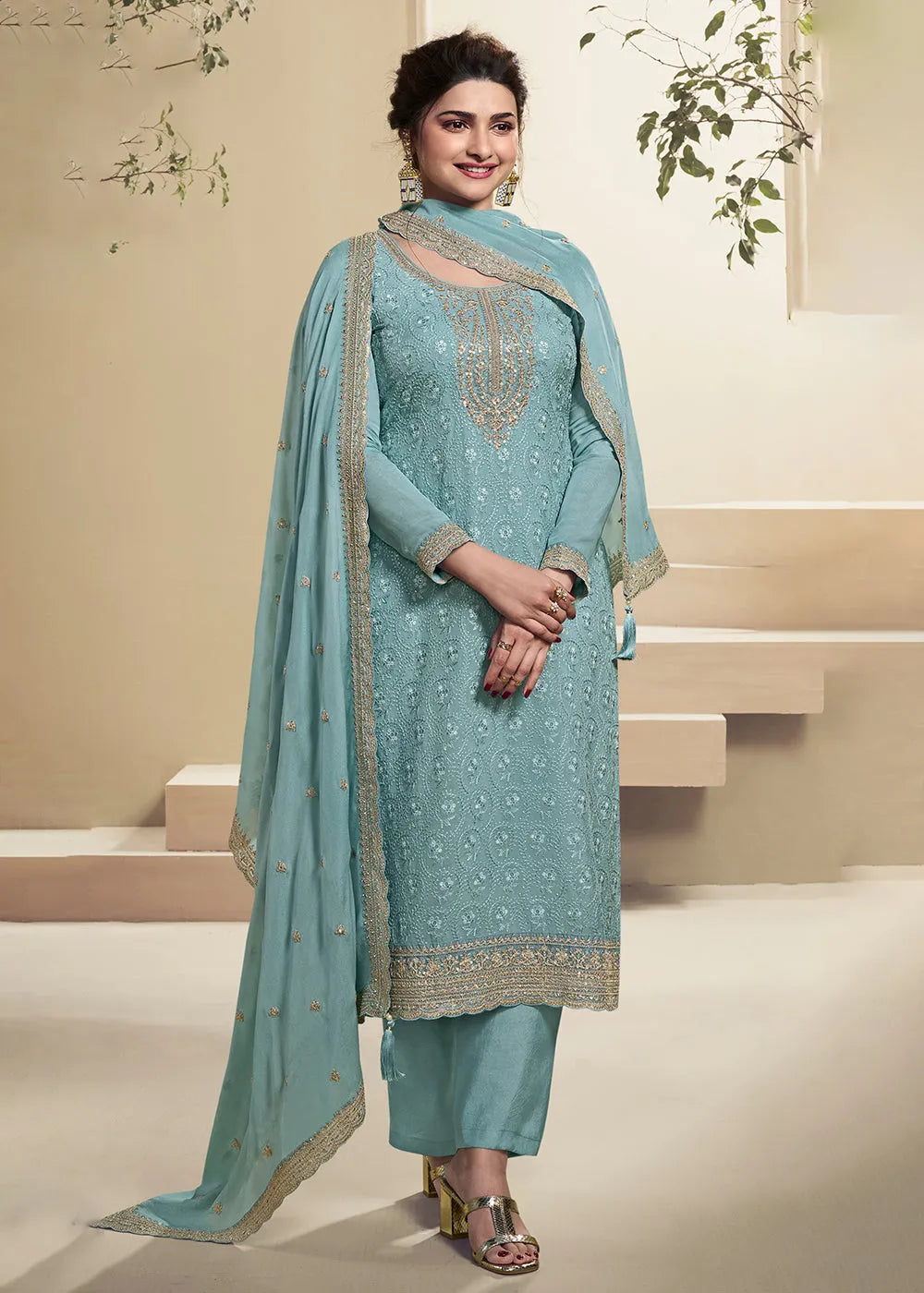 Sea Blue Schiffli Embroidered Designer Organza Straight Suit Low Pice Sale Online