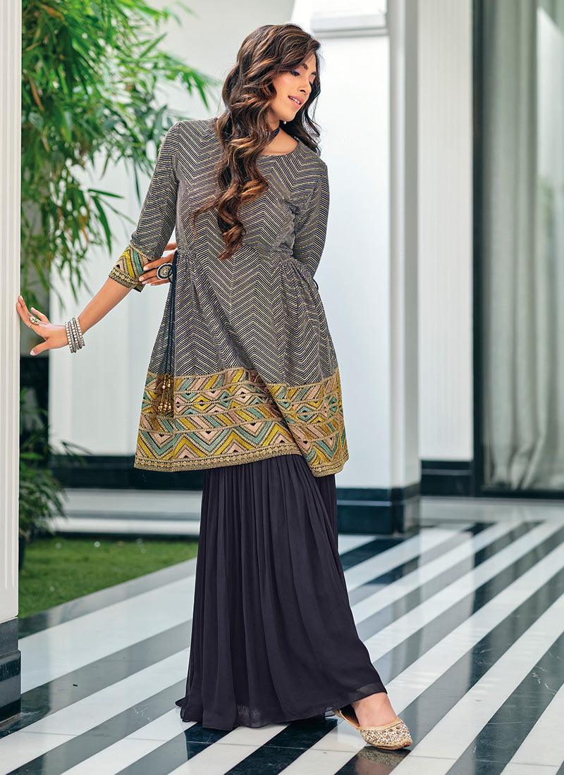 Heavy Embroidery And Sequins Work Navy Blue Festive Wear Sharara Suit Collections Cheap Online