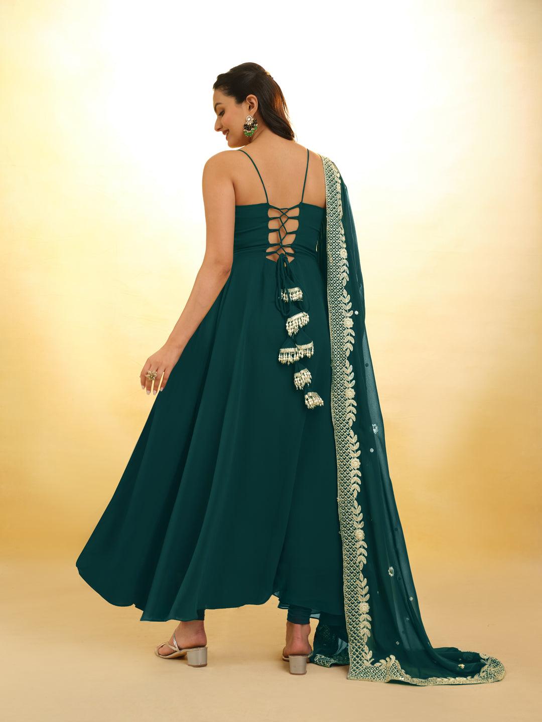 Teal Georgette ready-to-wear gown with dupatta Free Shipping Outlet Store