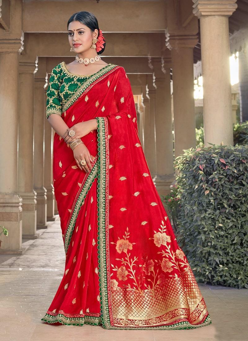 Red Color Silk Fabric Silk Weave And Zari Work Half And Half Saree Lowest Pice