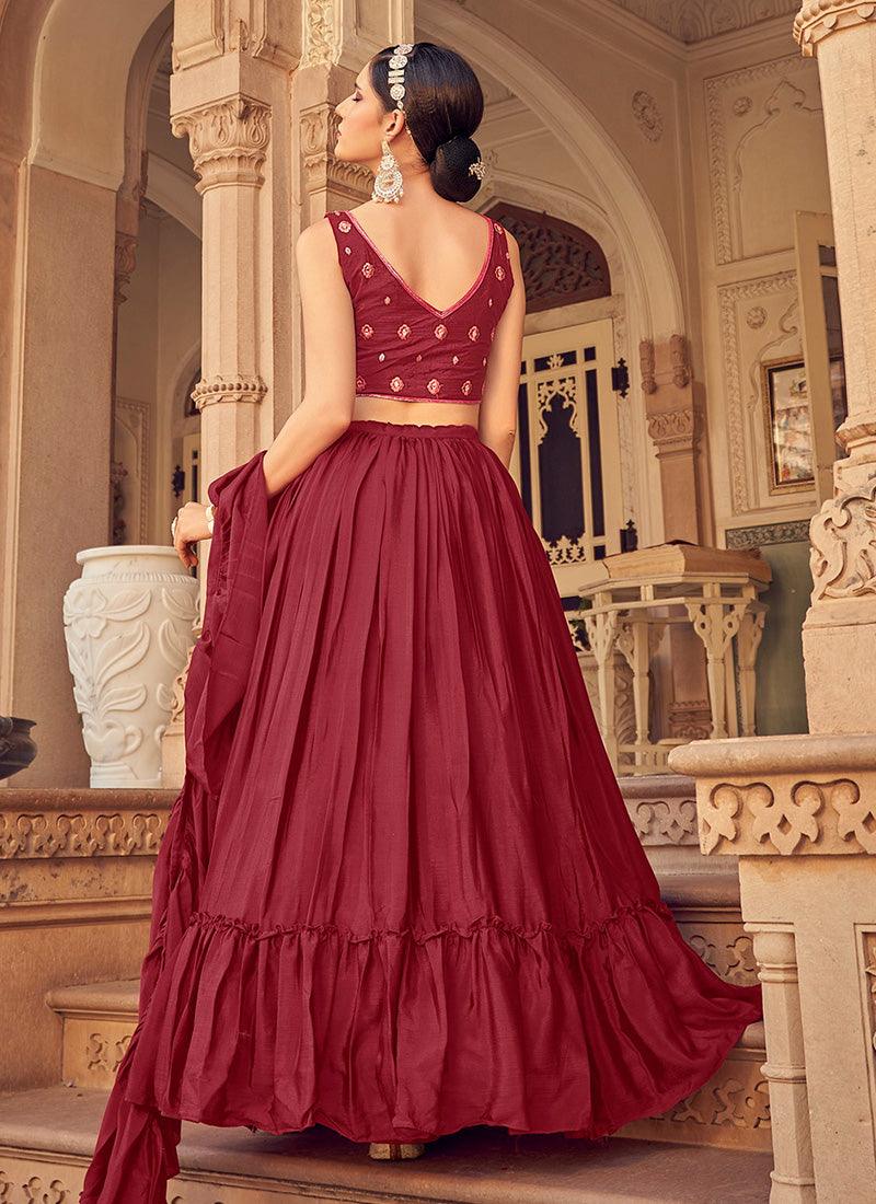 Mirror Work Choli With Maroon Ruffle Chaniya Low Pice For Sale