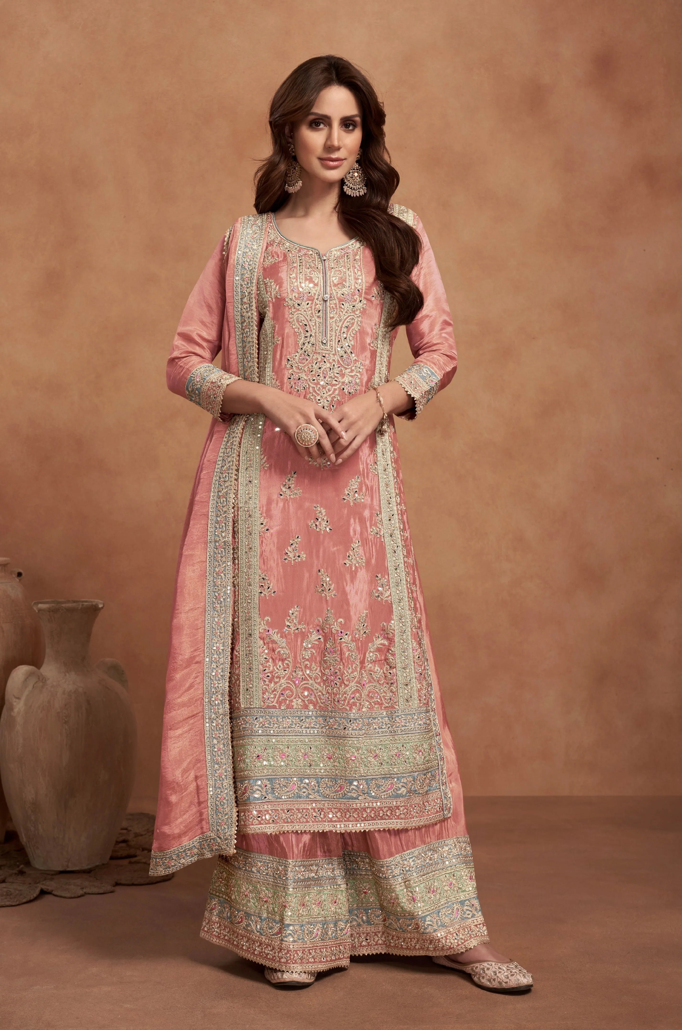 Peach Simar Silk Palazzo Suit with Embroidered Dupatta Discount Pay With Paypal