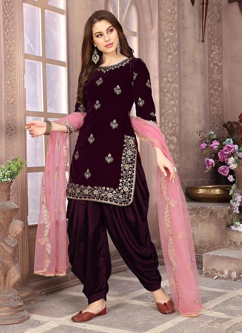 Wine Velvet Embroidered Patiala Suit Buy Cheap Best Store To Get