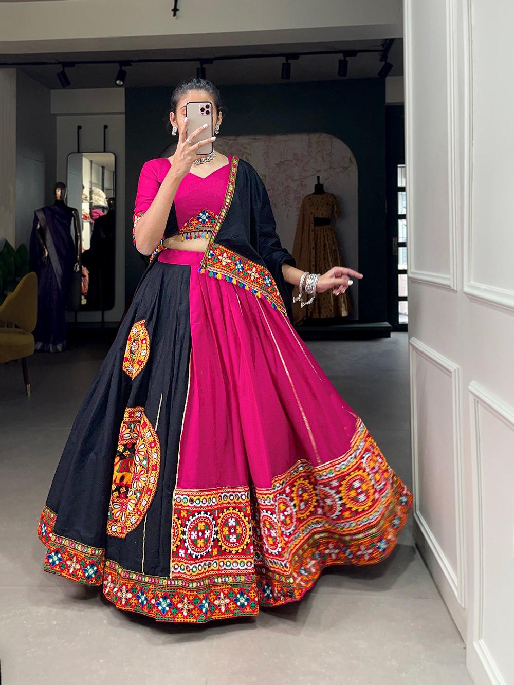 Black Pink Pure Cotton Gamthi Lace Border Worked Lehenga Choli Set Collections Online