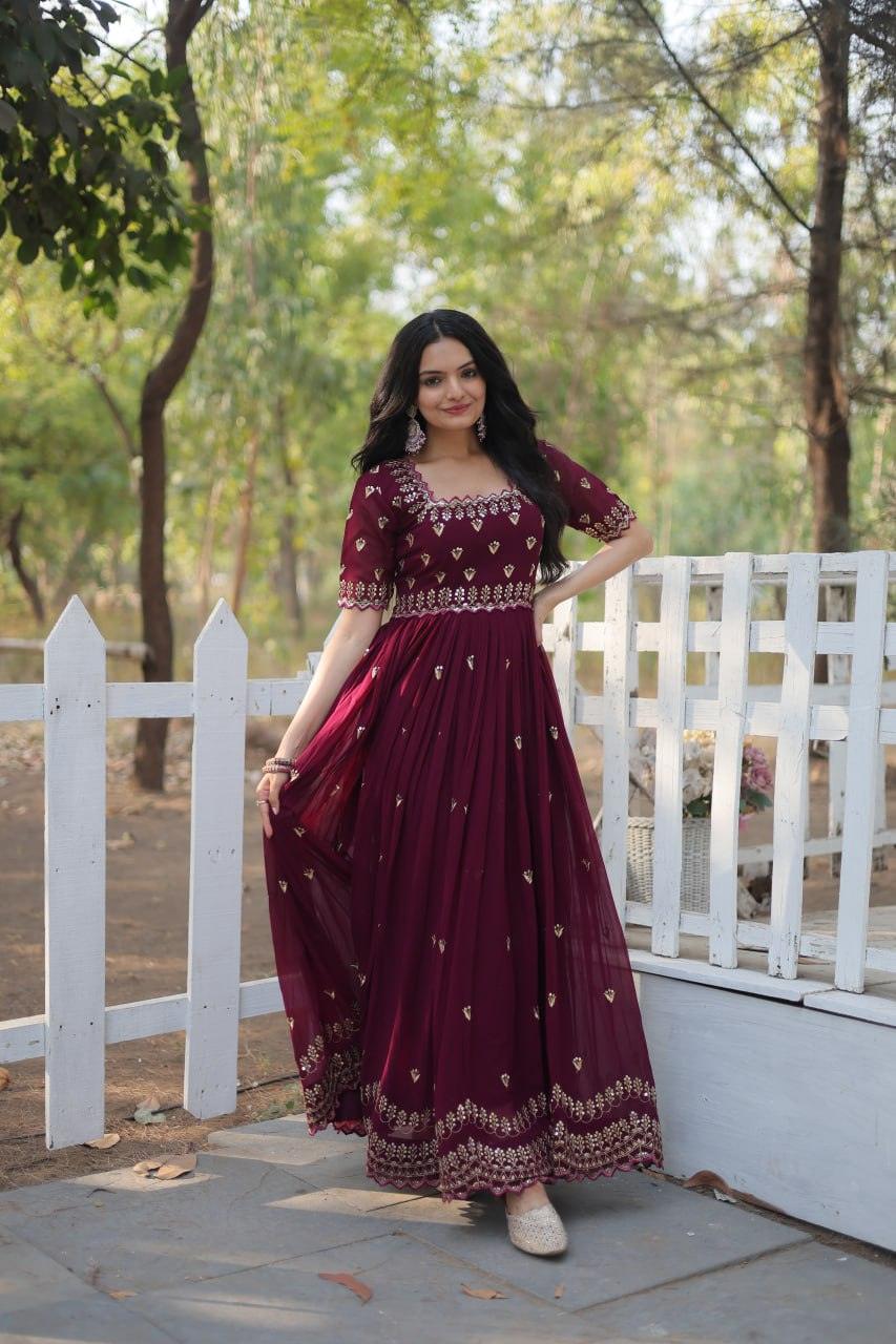 Seal Brown Zari Thread Sequins Worked Fully Stitched Gown Official Site Cheap Online