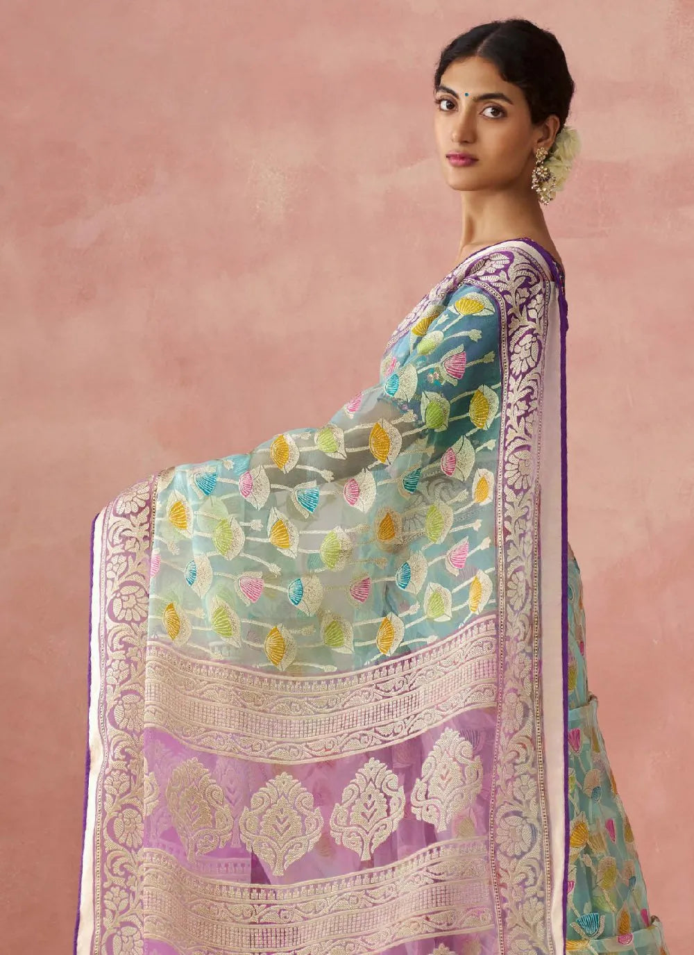 Mauve and Turquoise Organza Printed Woven Worked Saree Official