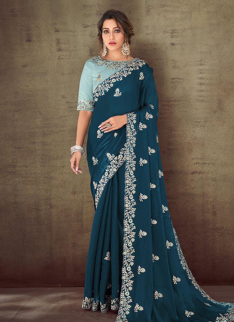 Embroidered Teal Blue Classic Saree Comfortable Online