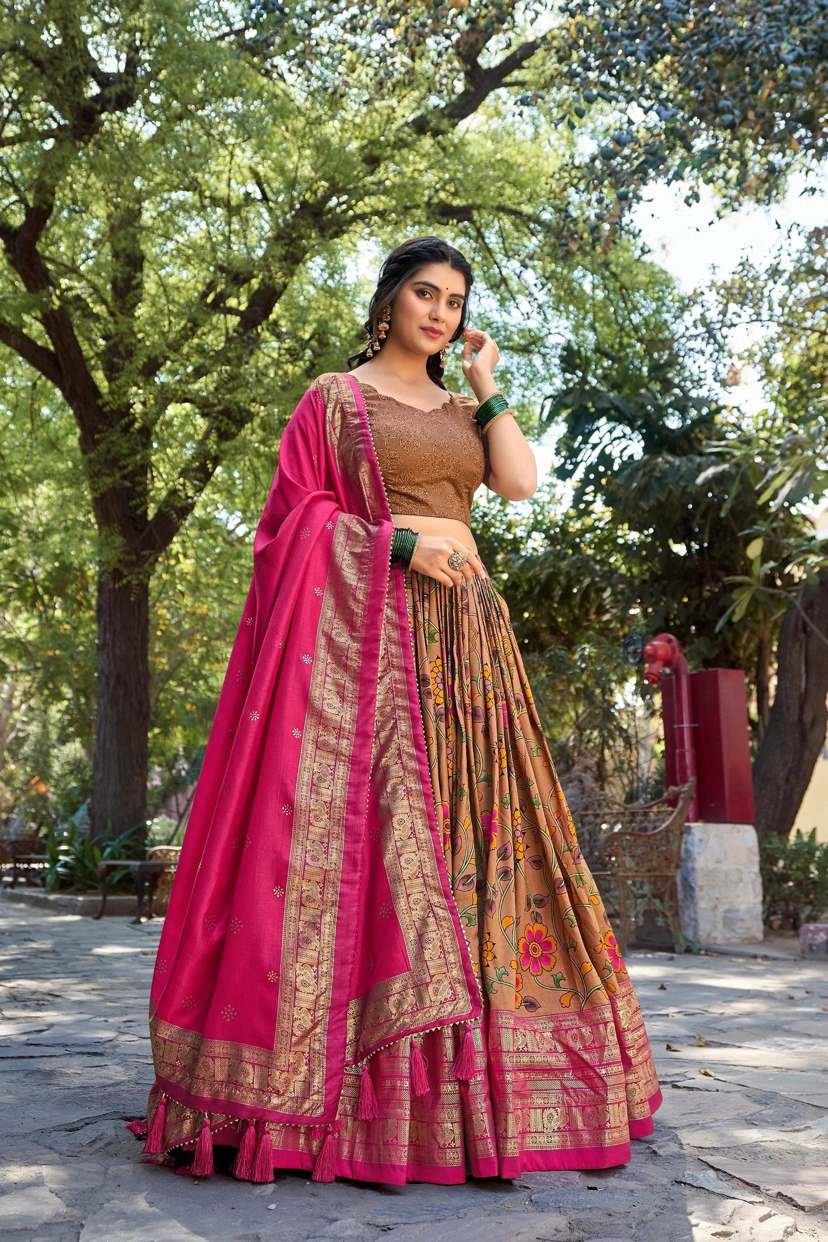 Marvelous Mustard Tussar Silk Kalamkari Printed Lehenga Choli Outlet Popular