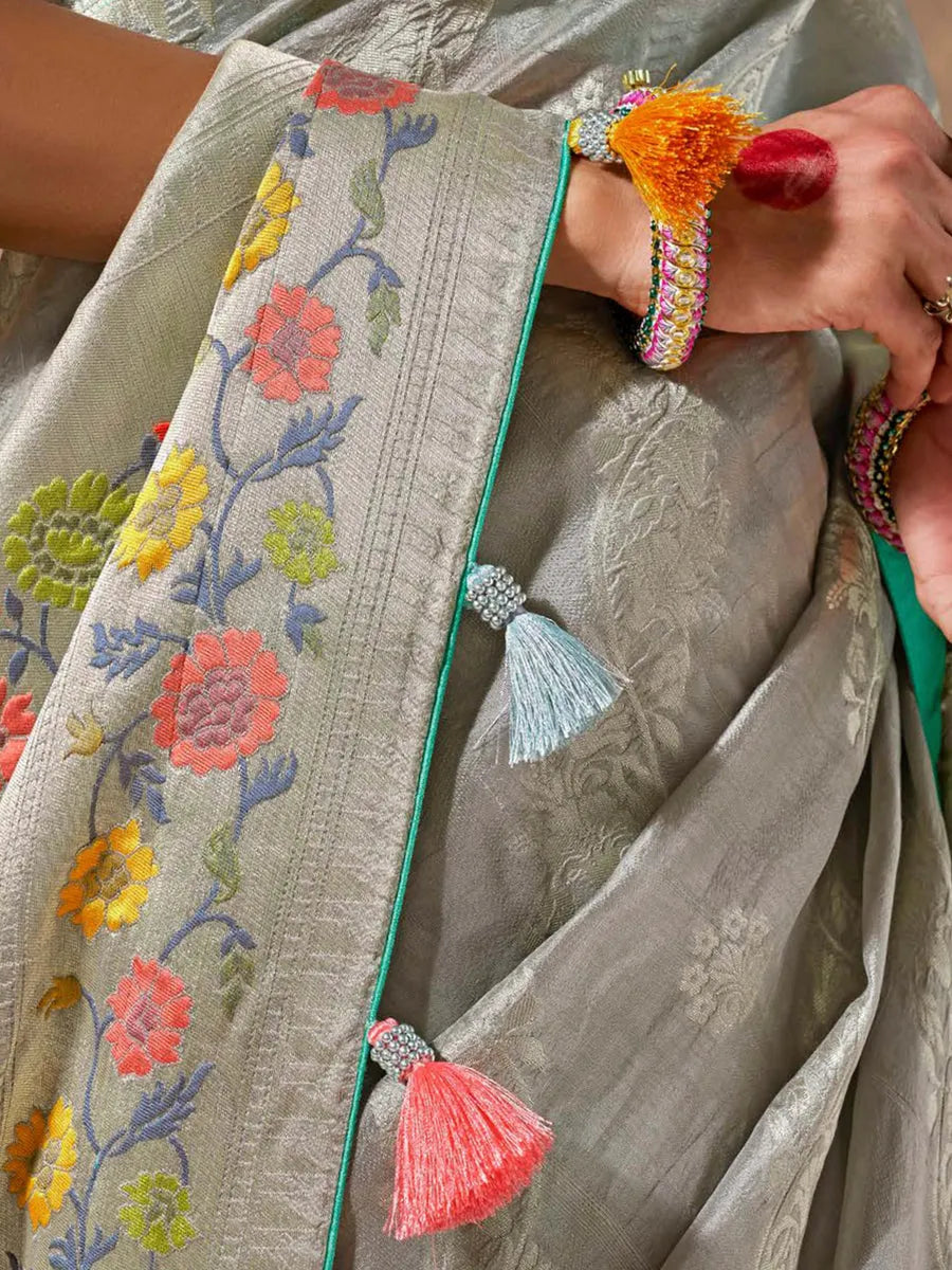 Graceful Grey Paithani Banarasi Silk Saree with Floral Motifs Amazon Cheap Online