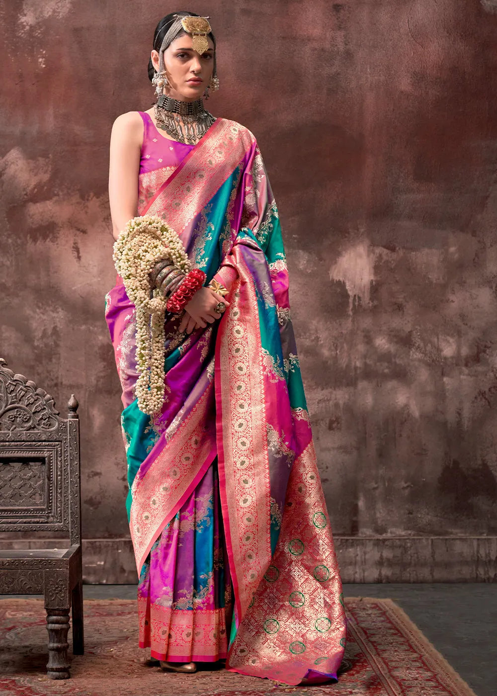 Stunning Blue-Pink Rangkaat Handloom Silk Saree Clearance Eastbay