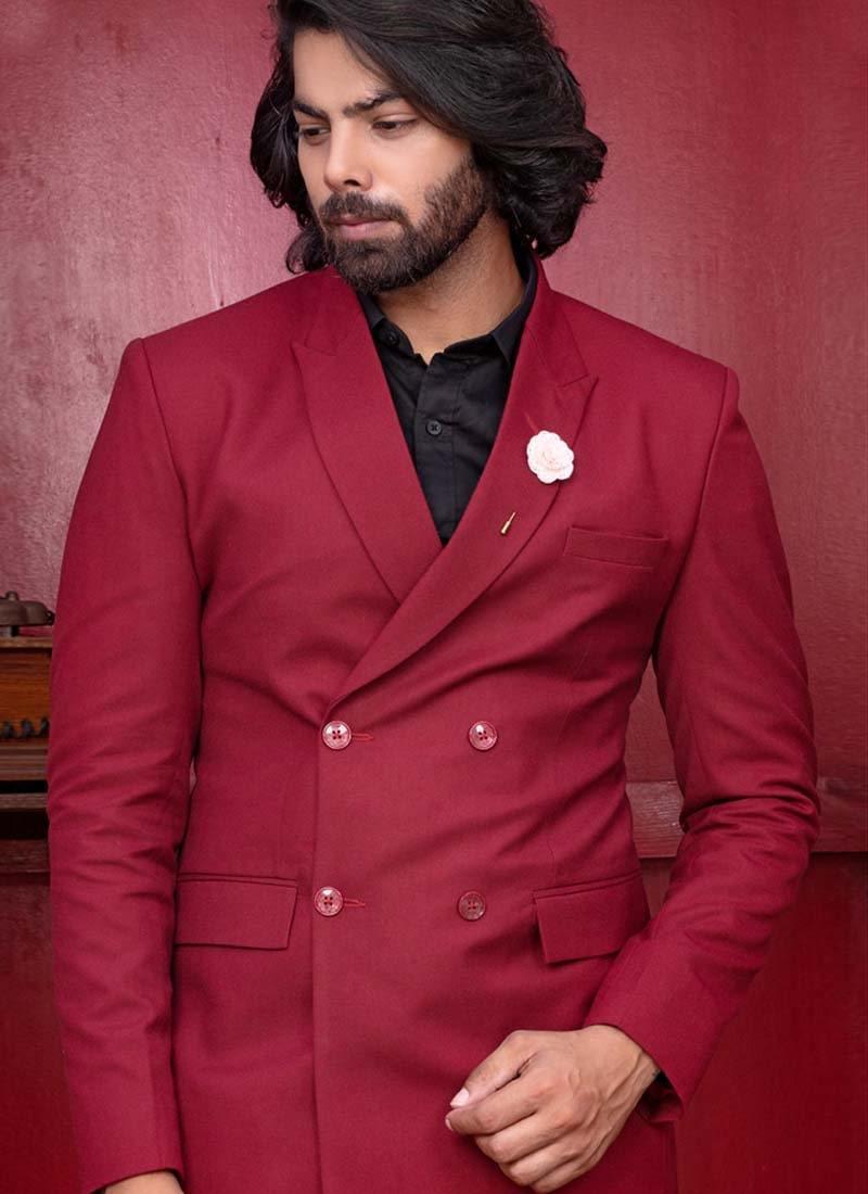 Red Color Polyester And Viscose Base Double Breasted Slim Fit Suit Discount Low Shipping Fee