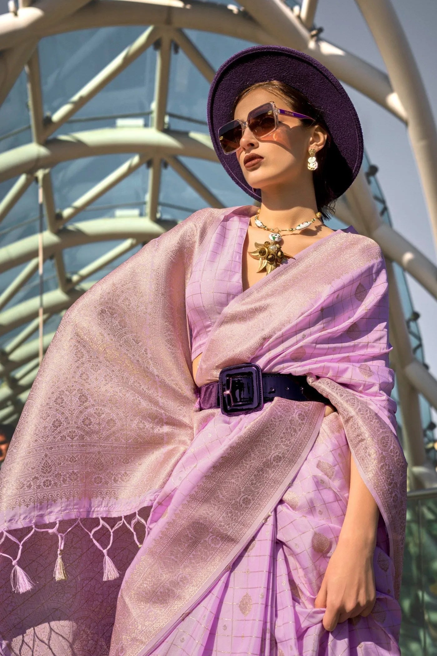 Opera Mauve Katan Silk Weaving Worked Designer Saree With Credit Card For Sale