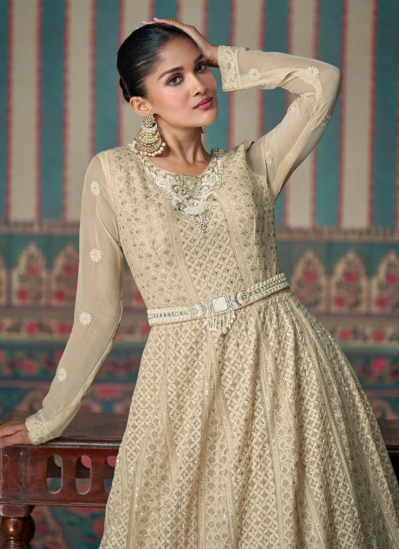 Brilliant Beige Chikankari Embroidered Anarkali Gown Sale Outlet